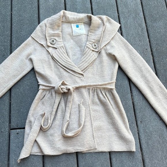 S Anthropologie Sparrow 100 percent Marino Wool darling cardigan sweater EUC tan - Picture 2 of 14